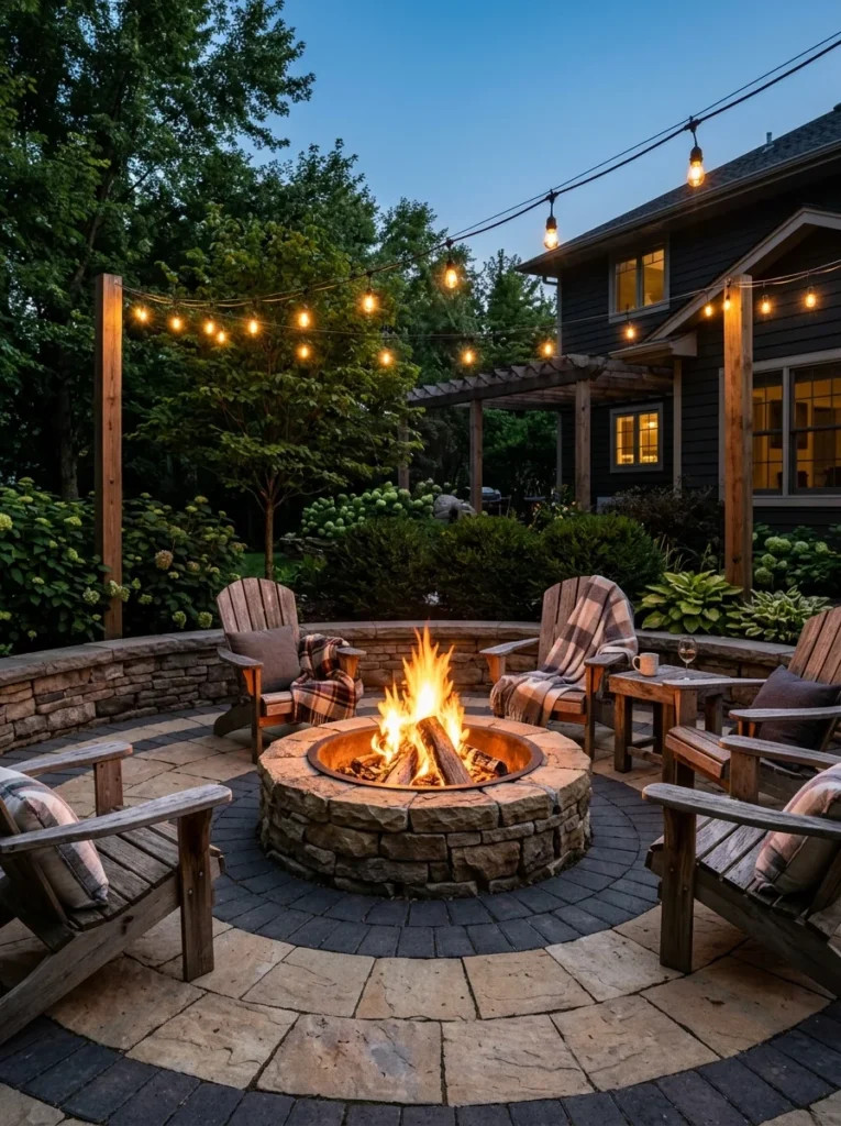 Circular paver patio with built-in natural stone fire pit surrounded by Adirondack chairs and string lights at dusk