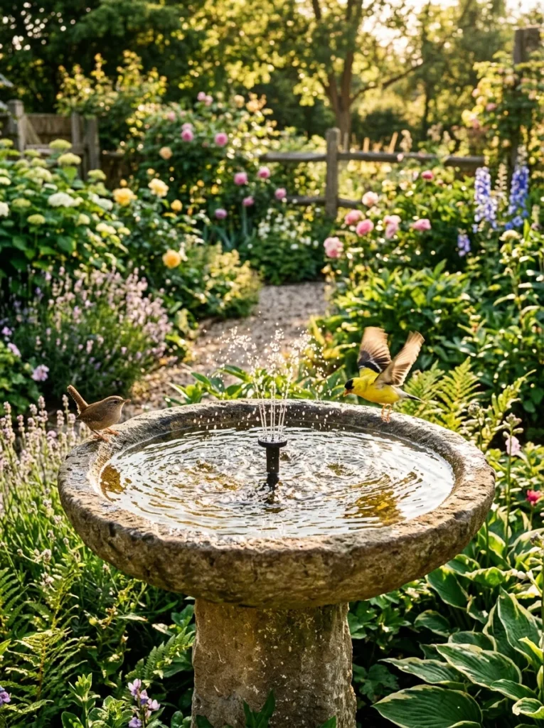 Solar powered DIY bird bath fountain with bubbling water in a sunny backyard garden