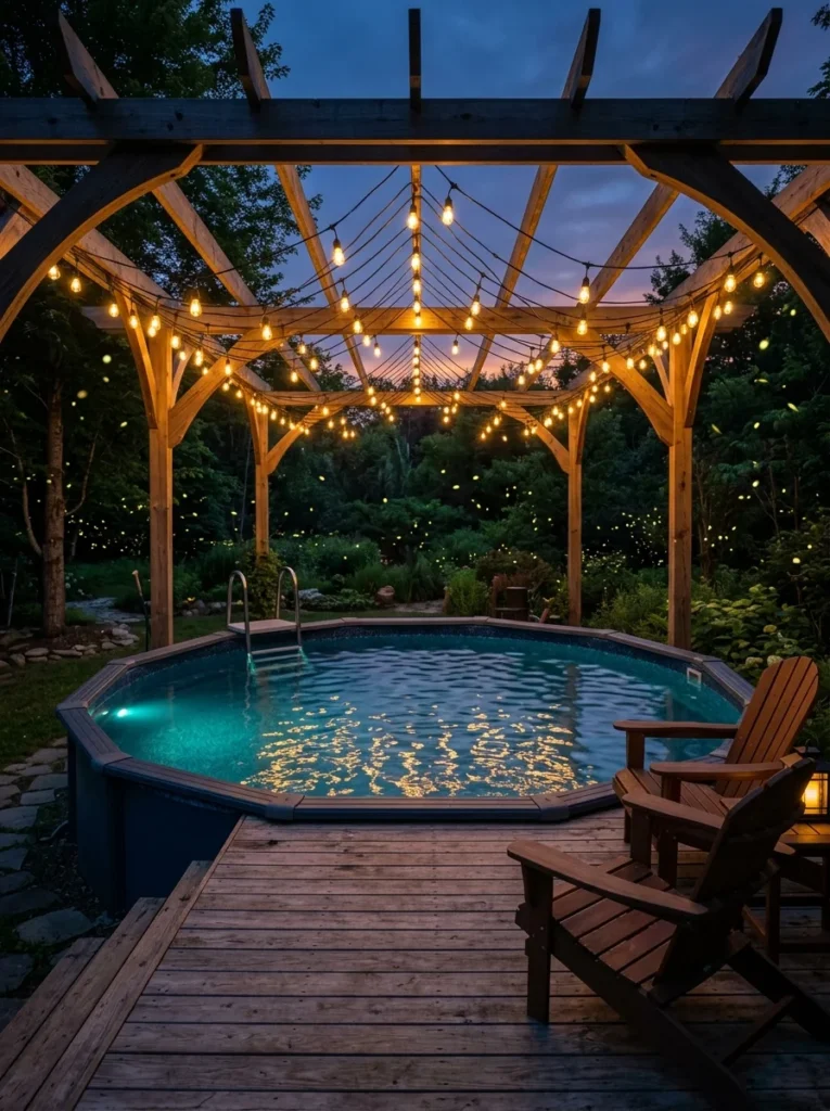 Above ground pool lighting ideas with Edison string lights and pergola at dusk