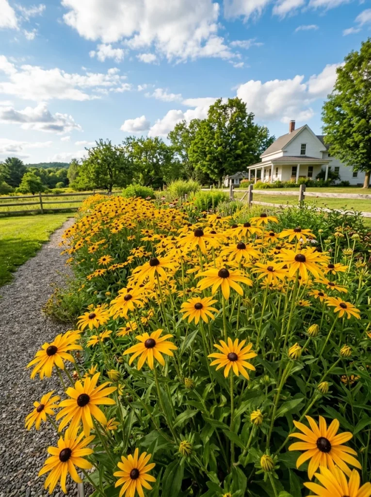 golden black-eyed susan summer blooming flowers in sunny garden bed