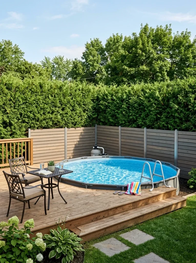 Pool privacy ideas with horizontal wood fence and arborvitae hedge