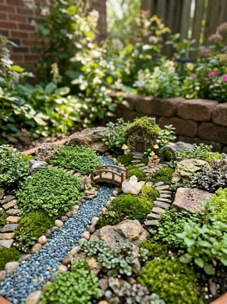 kids rock fairy garden with miniature bridge pebble path and fairy figurines