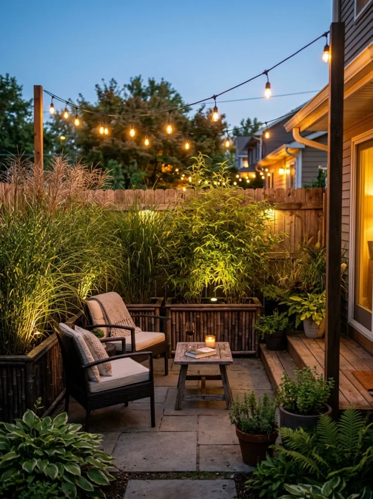 small backyard privacy ideas with tall ornamental grasses and bamboo planters