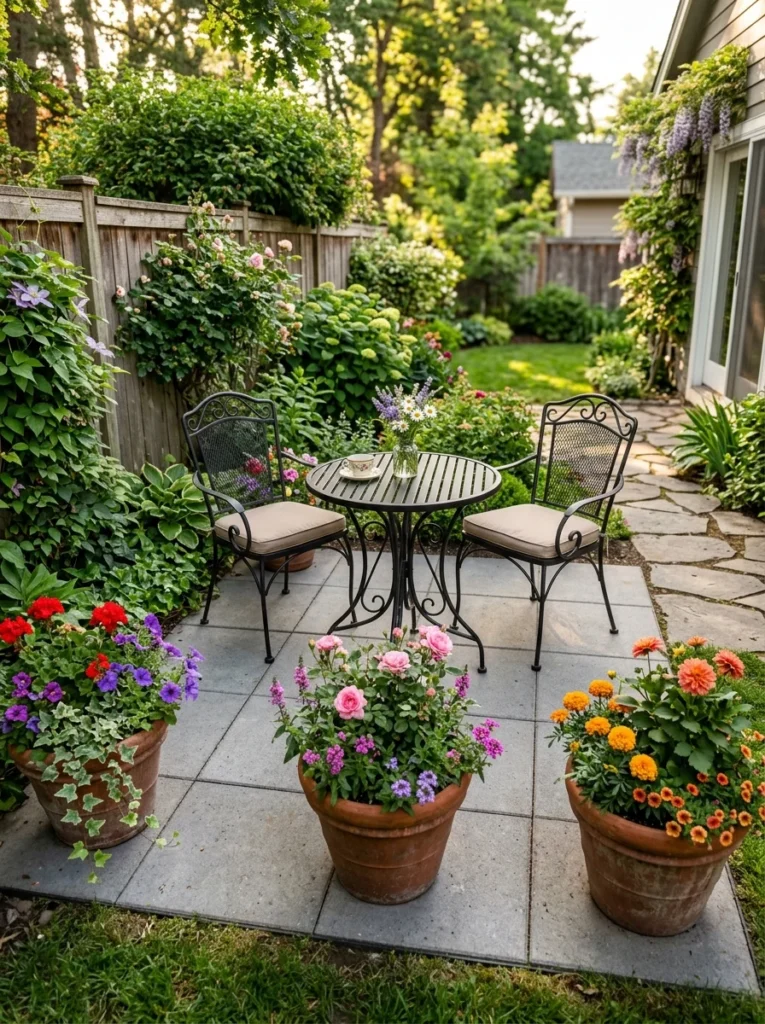 Small backyard paver patio with bistro table, two chairs, and colorful potted plants in a compact yard