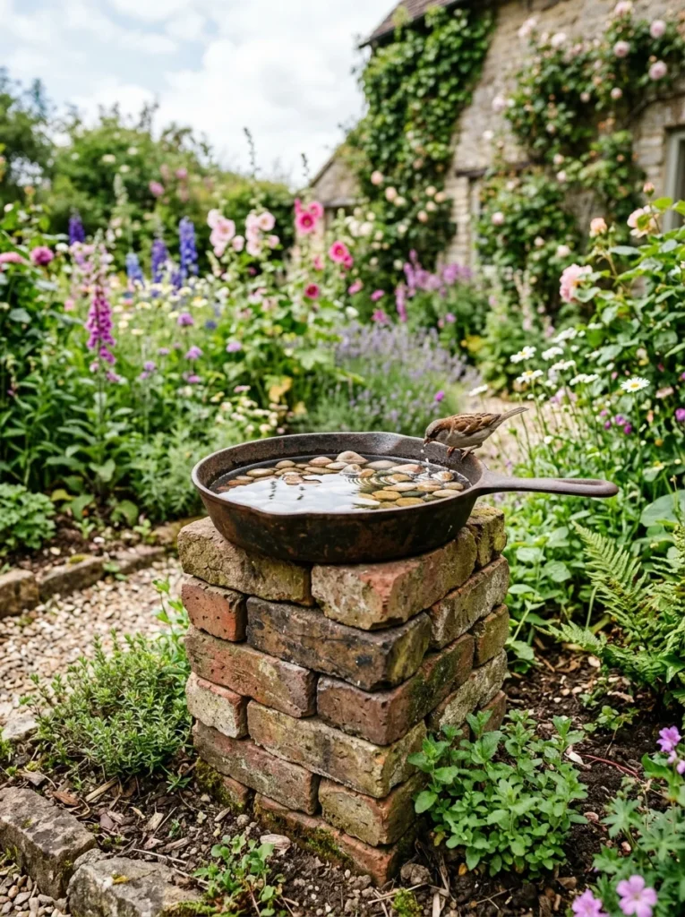 Upcycled thrift store cast iron skillet repurposed as a DIY bird bath idea in a cottage garden