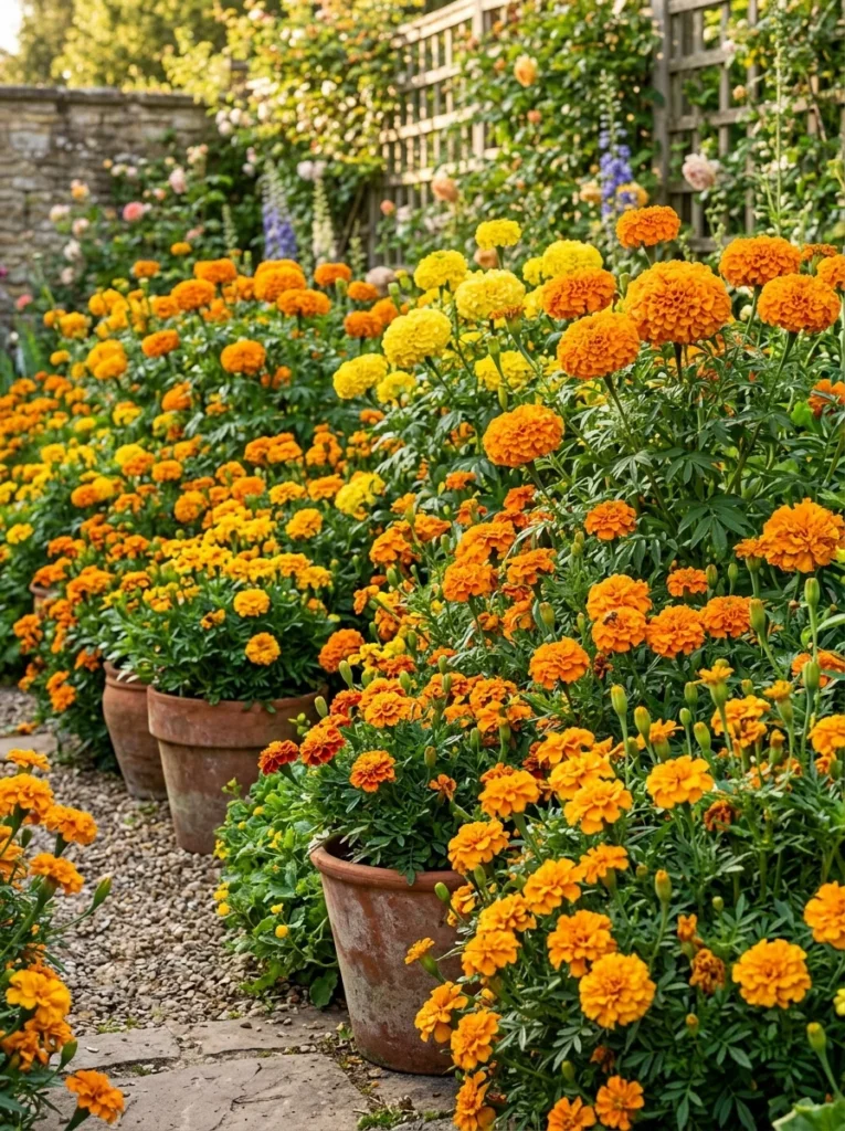 bold orange and yellow marigold annual summer flowers in pots and border