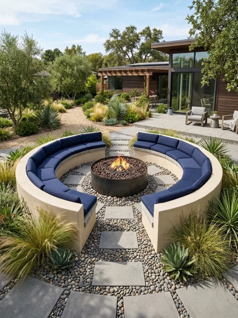 Built-in concrete bench seating in a circle around an in-ground fire pit with navy cushions and river rock landscaping