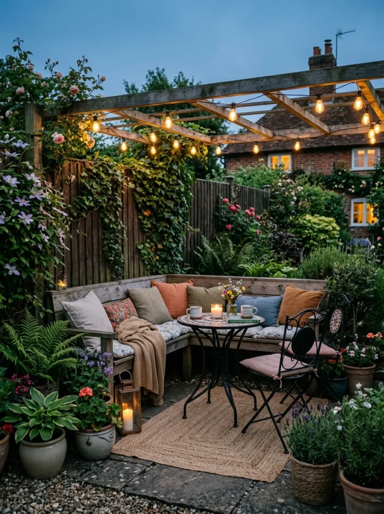 small garden seating area with built-in bench bistro table and string lights