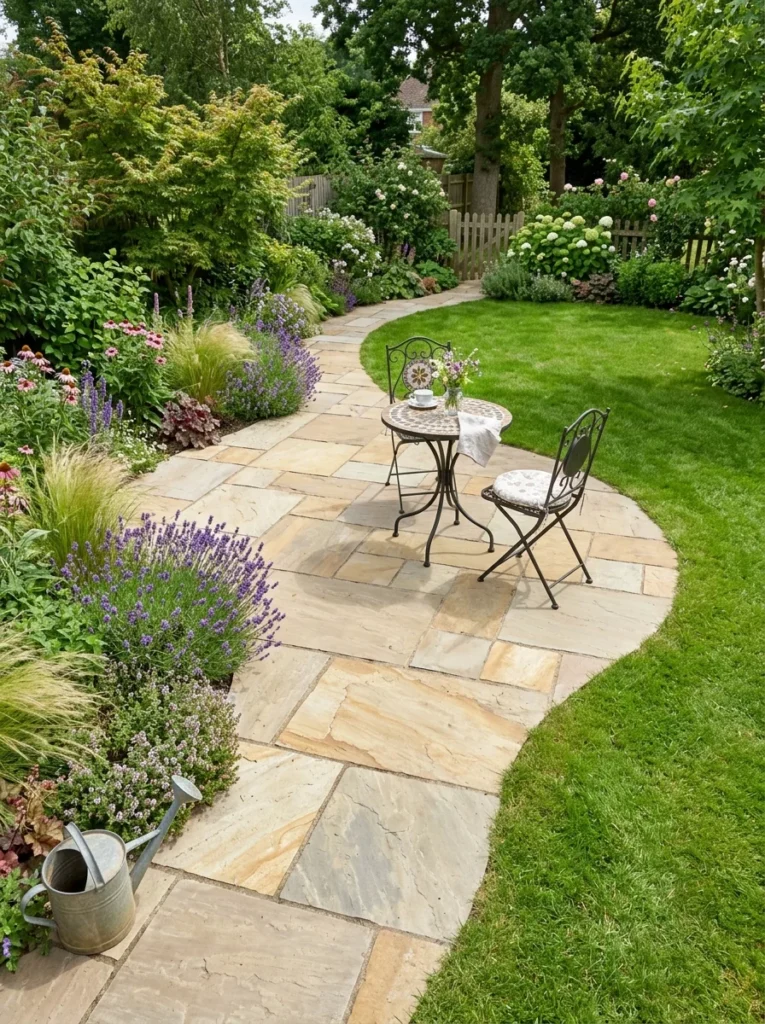 Curved organic paver patio with flagstone pavers and ornamental grasses and lavender along the borders