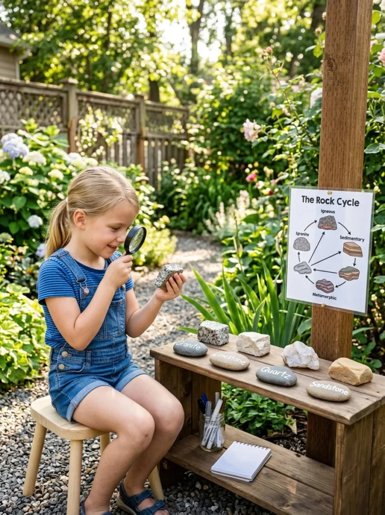 educational kids rock garden with labeled rock types and magnifying glass station