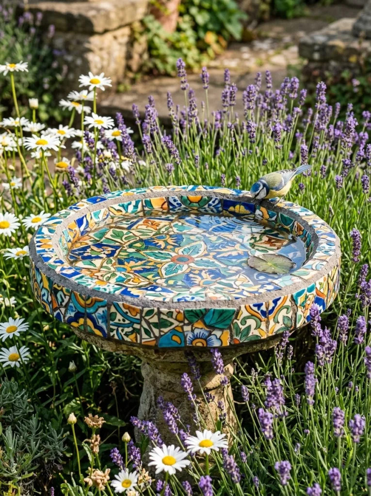 Colorful handmade mosaic tile DIY bird bath in a cottage garden