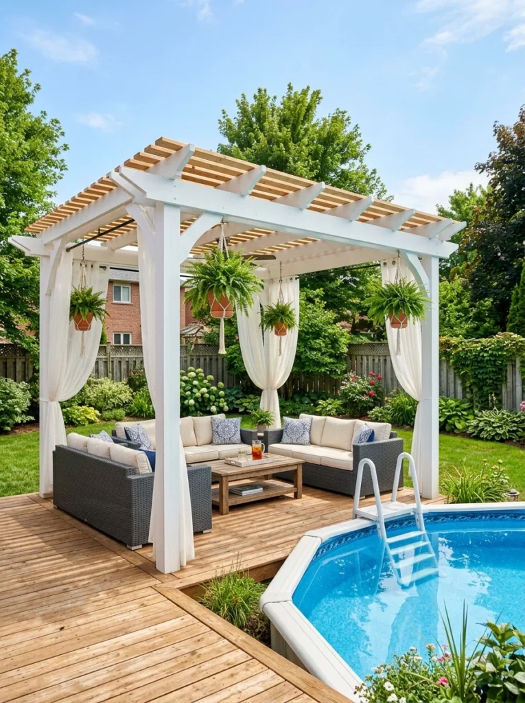 Above ground pool pergola ideas with shade structure and outdoor curtains