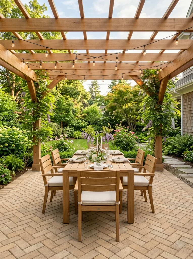 Spacious paver patio covered by a cedar pergola with string lights and outdoor dining table with six chairs