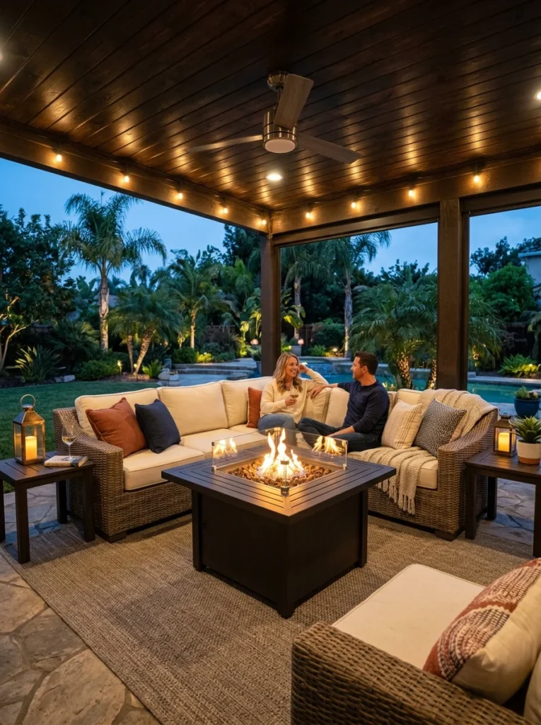 Outdoor L-shaped sectional sofa with cream cushions arranged around a square gas fire pit table on a covered patio