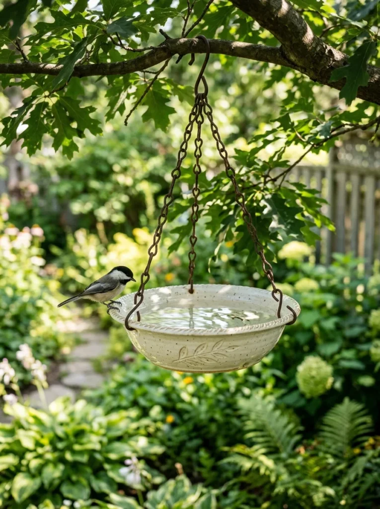 Hanging DIY bird bath suspended from tree branch with metal chain in a backyard garden