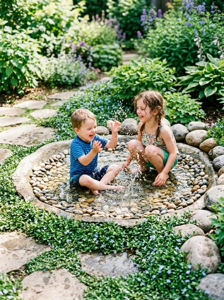 children playing in shallow pebble water basin in rock garden backyard