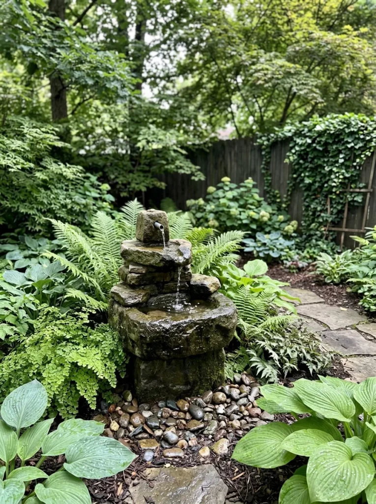 small backyard focal point water feature surrounded by ferns in shaded garden