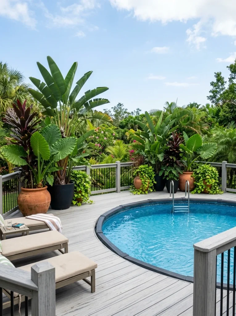 Above ground pool decoration ideas with tropical container plants on deck