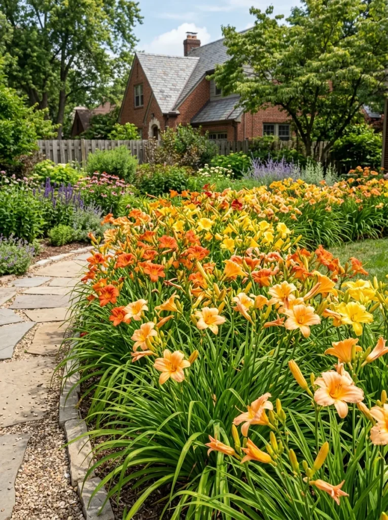 orange and yellow daylily low-maintenance perennial summer flowers border