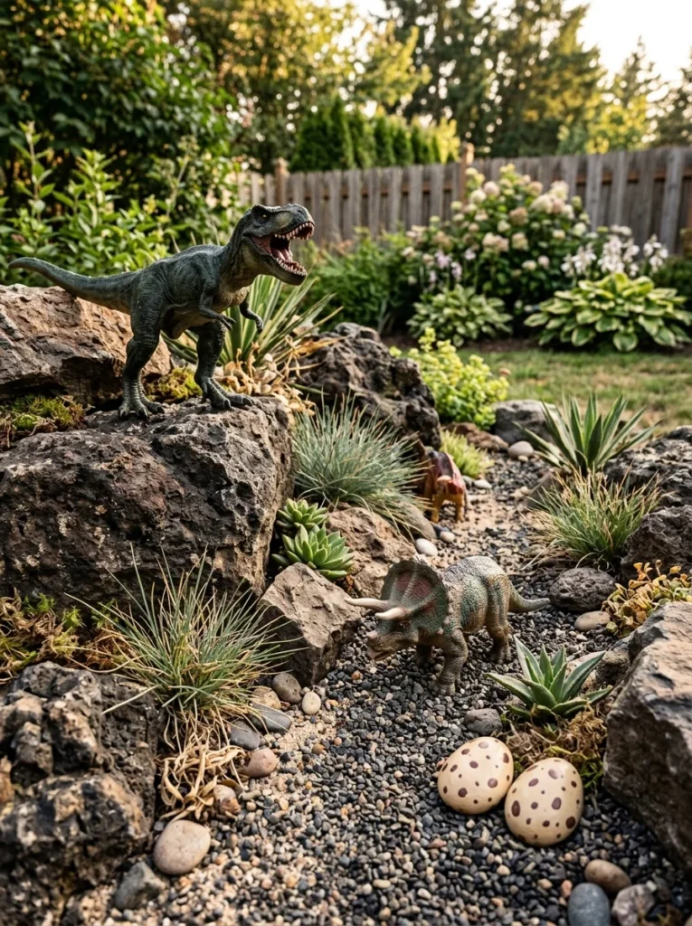backyard dinosaur rock garden with boulders gravel and plastic dinosaur toys