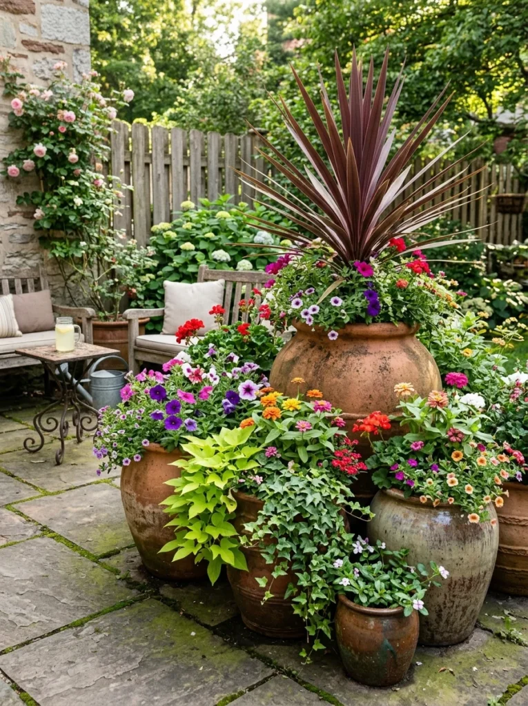 small backyard container garden with large terracotta pots layered plants and trailing vines