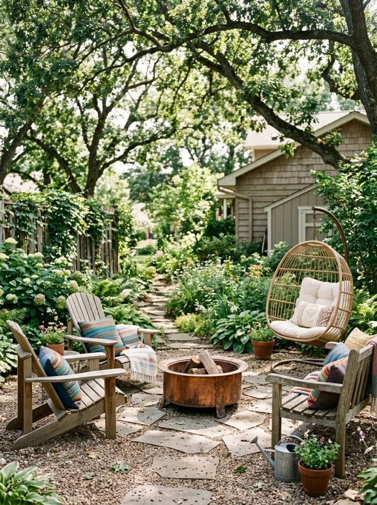 Mix-and-match fire pit seating with teak Adirondack chairs, wooden bench, and rattan egg chair around a copper fire pit