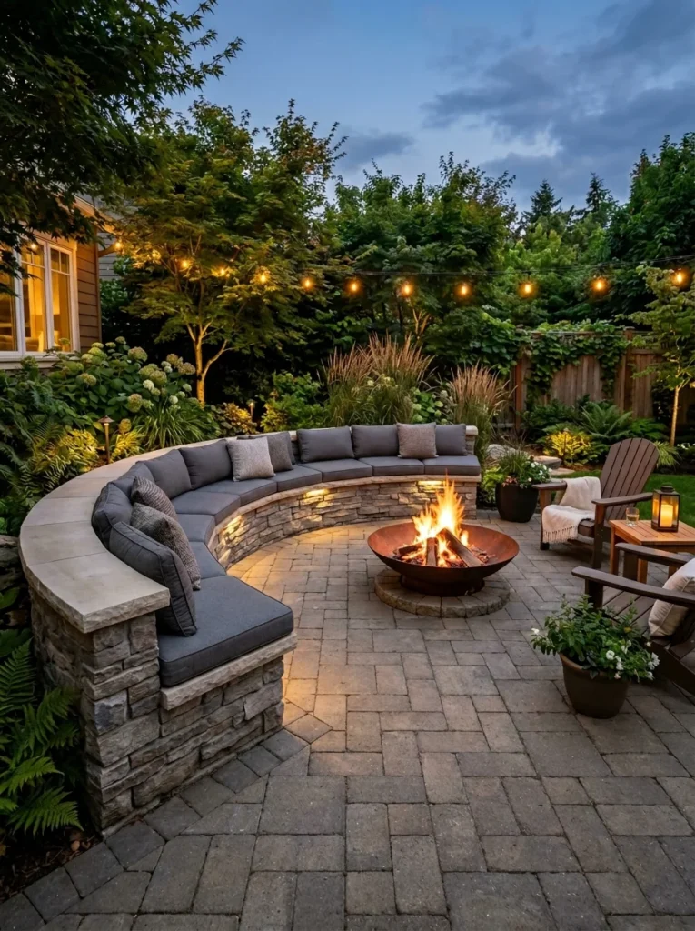 Backyard paver patio with low built-in stone seating wall topped with gray cushions and a central fire bowl