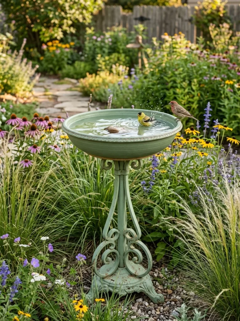 DIY pedestal bird bath made from repurposed vintage lamp base in a backyard garden