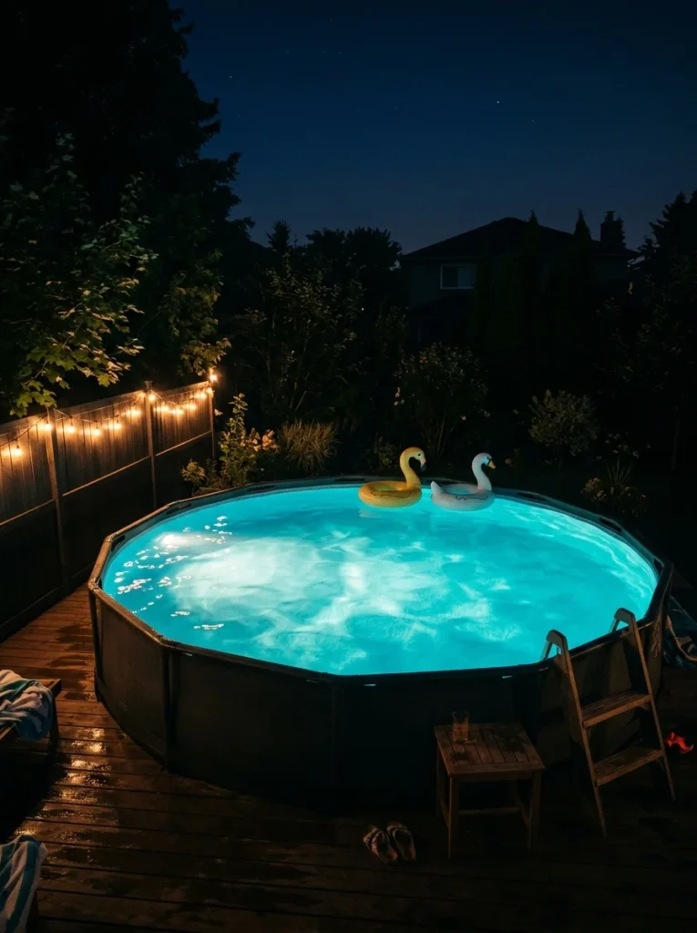 Above ground pool lighting ideas with underwater LED lights at night