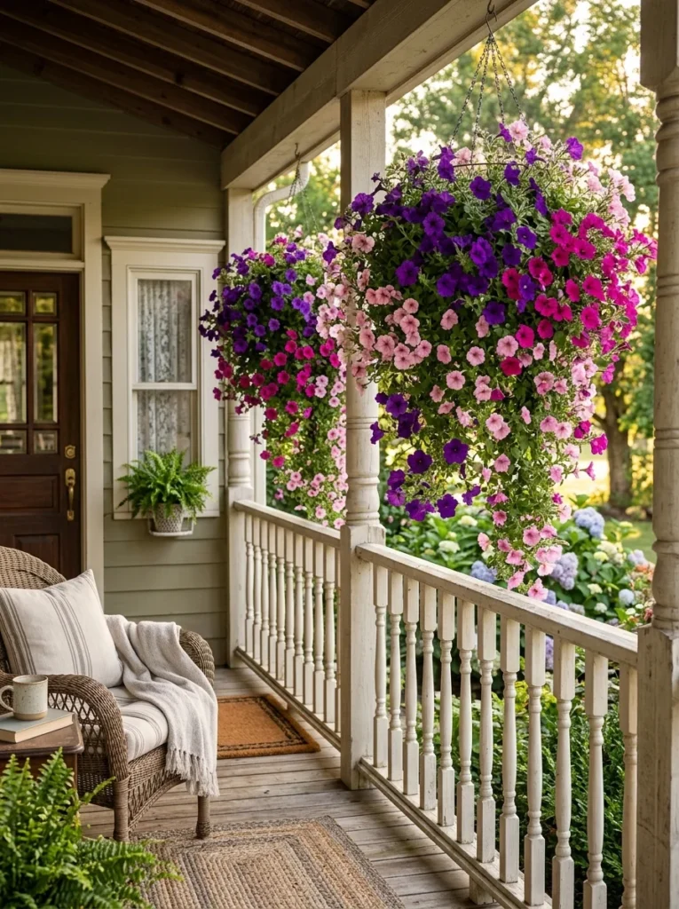 trailing wave petunia summer container flowers hanging basket purple pink