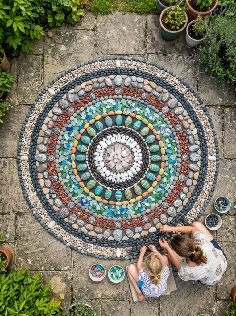 circular rock mandala garden made by children with pebbles quartz and sea glass