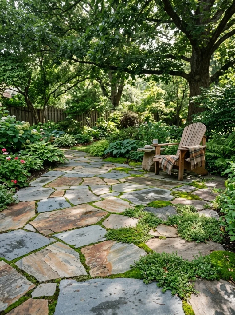Irregular natural flagstone paver patio with green creeping thyme growing between stone joints in a shaded backyard