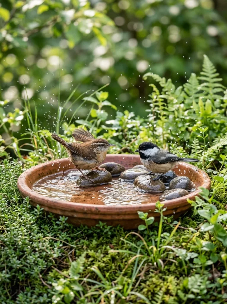 Shallow DIY bird bath with river rock perches designed for small backyard songbirds