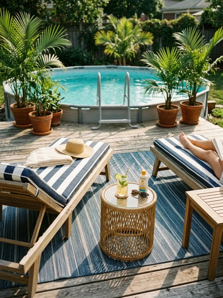 Above ground pool patio ideas with lounge chairs, outdoor rug, and side table