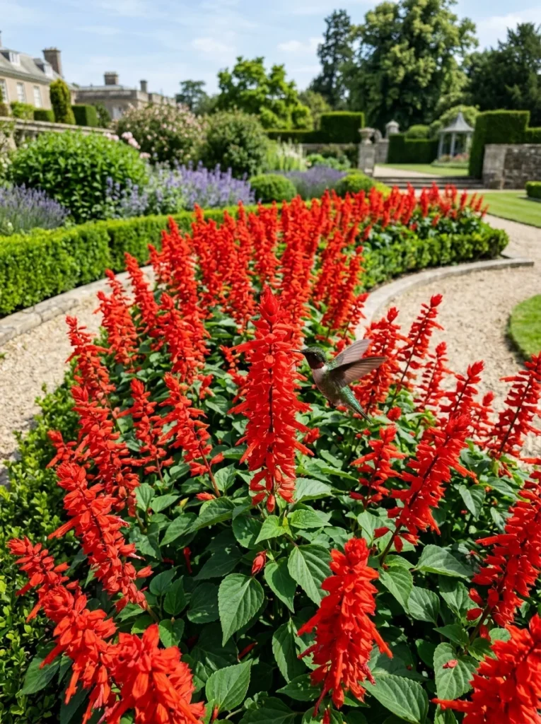 vivid red salvia spikes summer bedding plants full sun garden with hummingbird