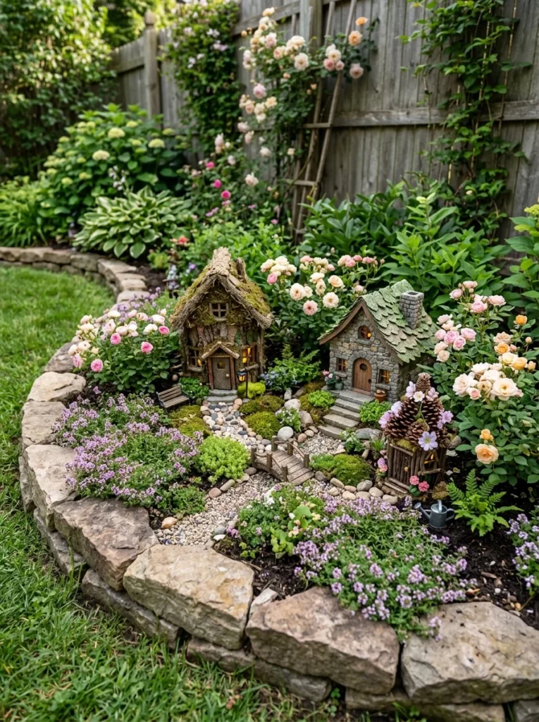 A large outdoor fairy garden village integrated into a backyard flower bed.