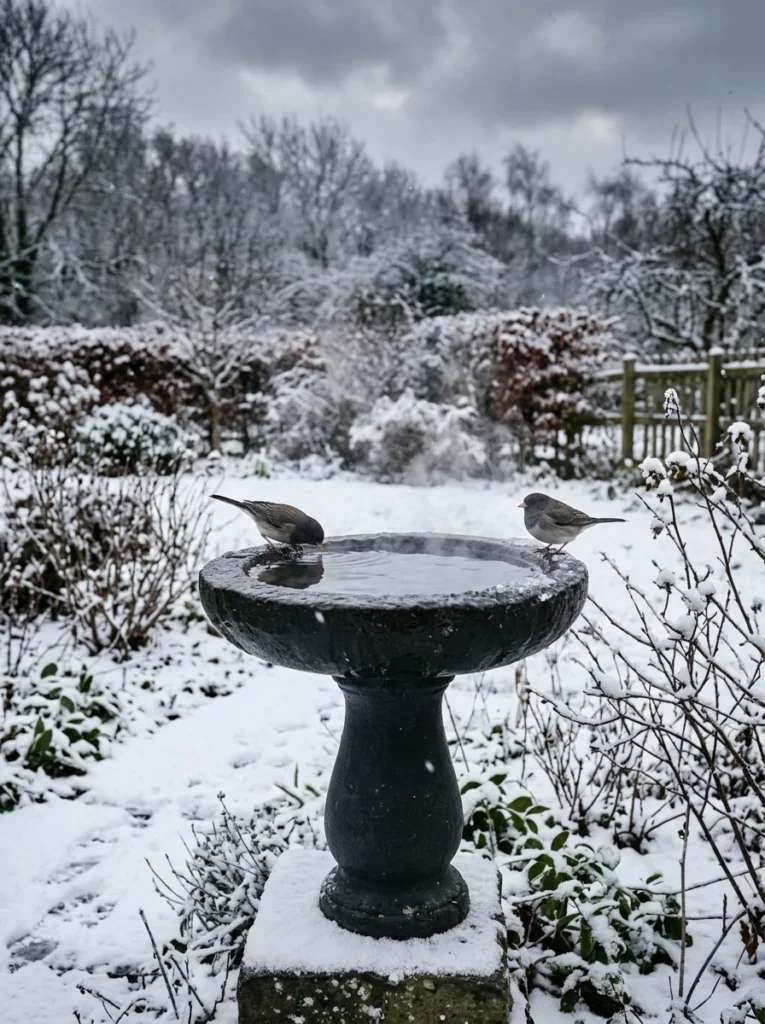 Heated DIY bird bath with steaming water in a snowy winter backyard garden