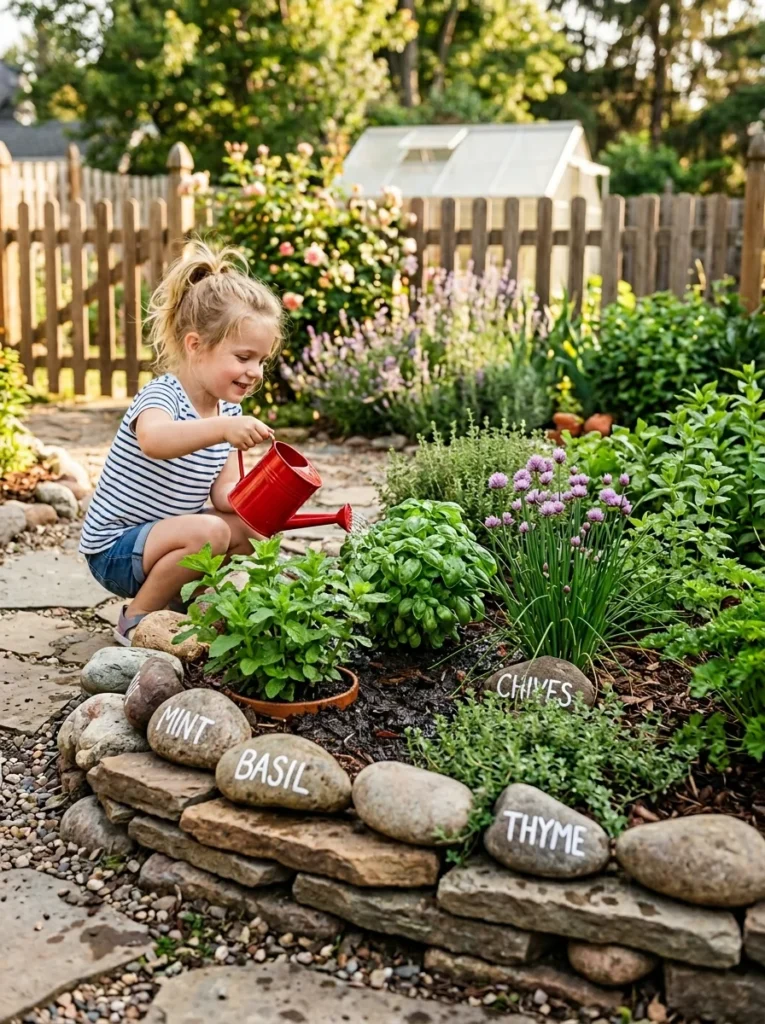 children's rock border herb garden with painted name stones and watering can