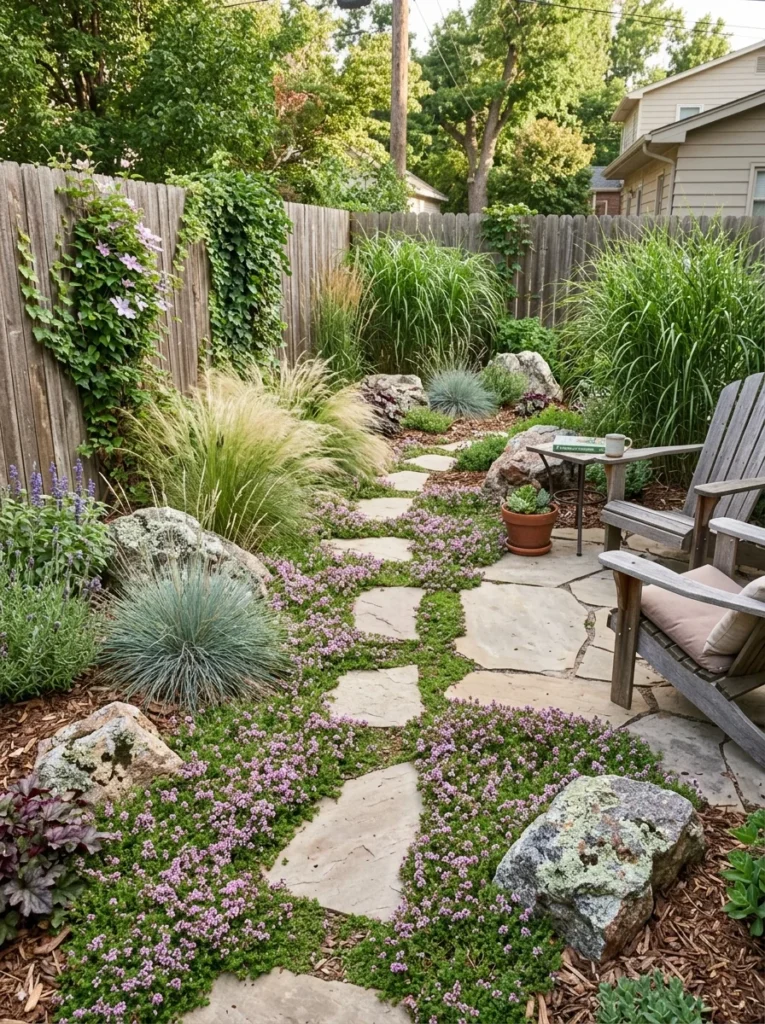 low-maintenance small backyard garden with creeping thyme ground cover and ornamental grasses