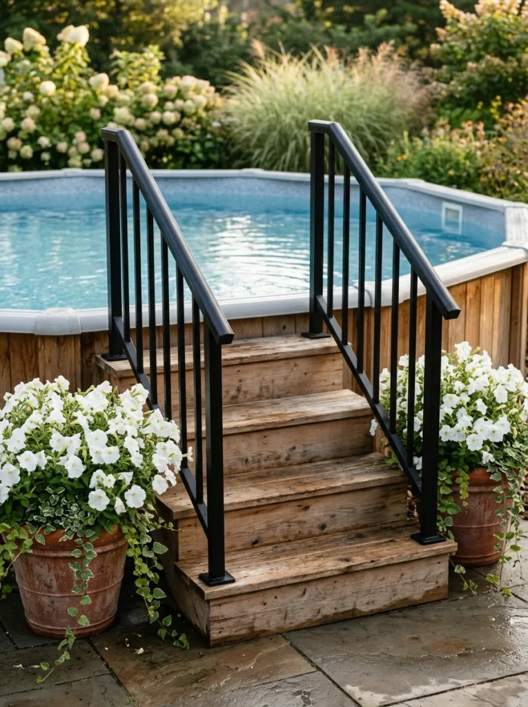 Above ground pool entry staircase ideas with wood steps and planter flanking