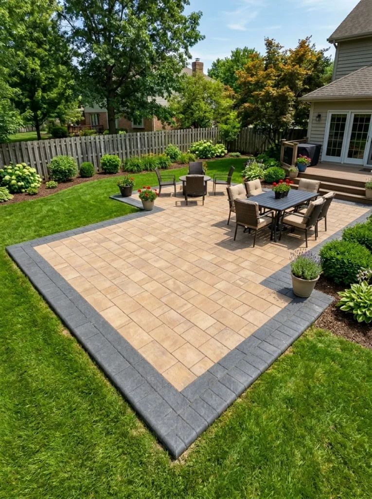 Two-tone paver patio with dark charcoal border pavers and light buff interior in a clean backyard layout