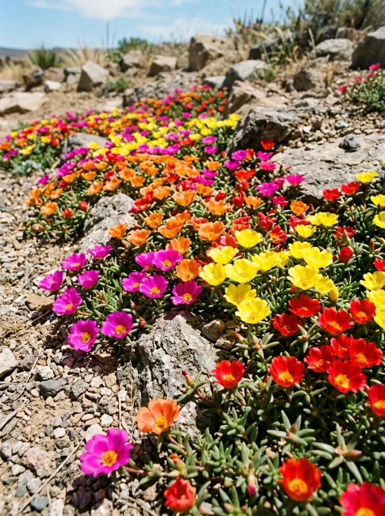 portulaca moss rose heat tolerant summer flowers covering rocky dry garden