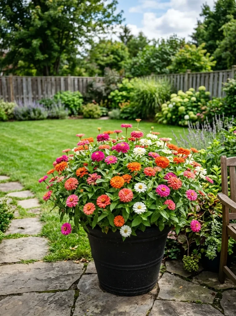 zinnia full sun planter ideas for summer.