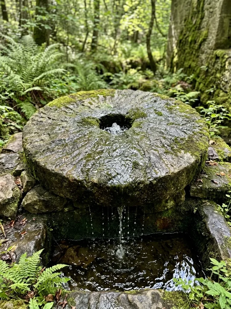 Millstone DIY water fountain in a cottage garden