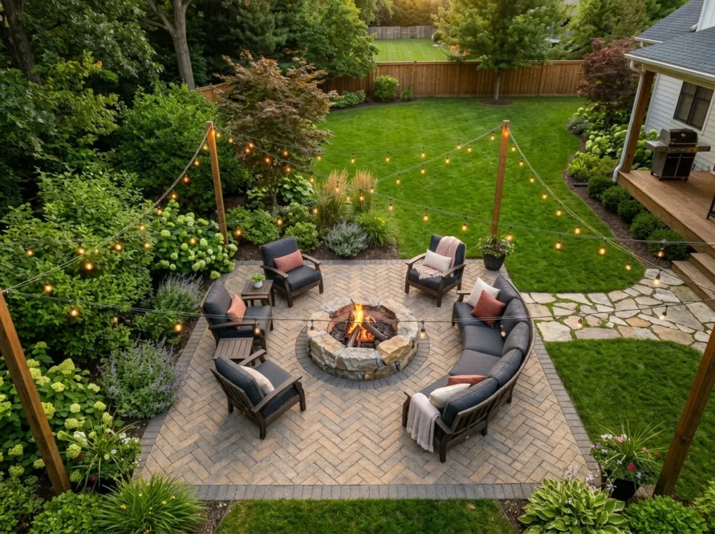 Paver Patio Ideas:Beautiful backyard paver patio with fire pit and outdoor seating surrounded by landscaping