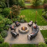Paver Patio Ideas:Beautiful backyard paver patio with fire pit and outdoor seating surrounded by landscaping