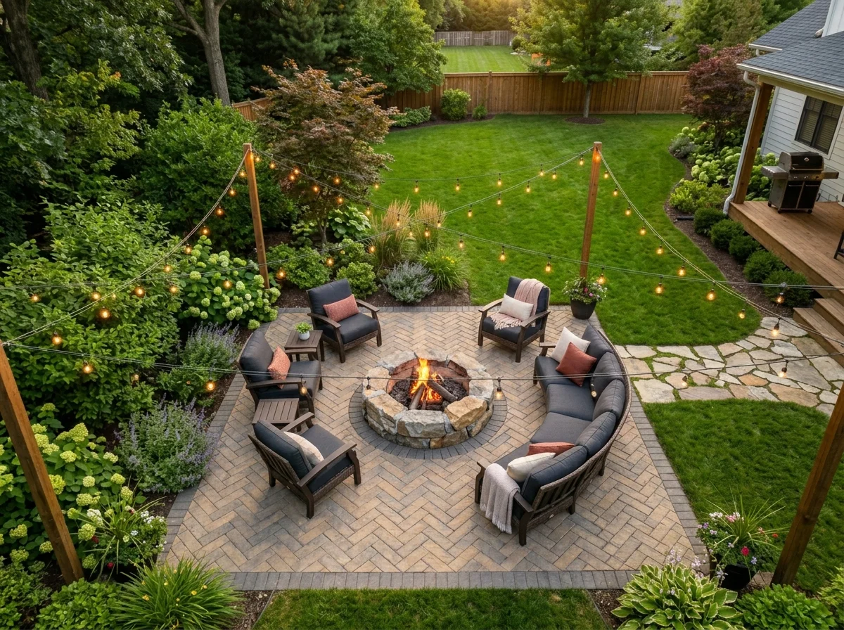 Paver Patio Ideas:Beautiful backyard paver patio with fire pit and outdoor seating surrounded by landscaping