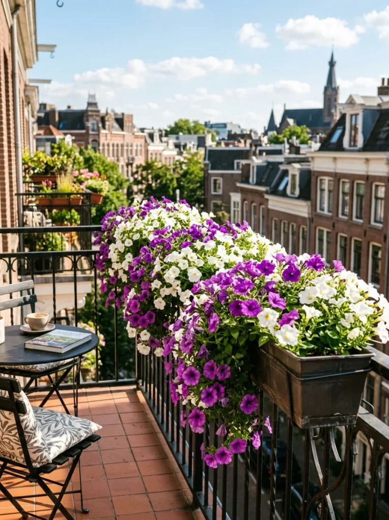 full sun balcony planter ideas with trailing petunias.