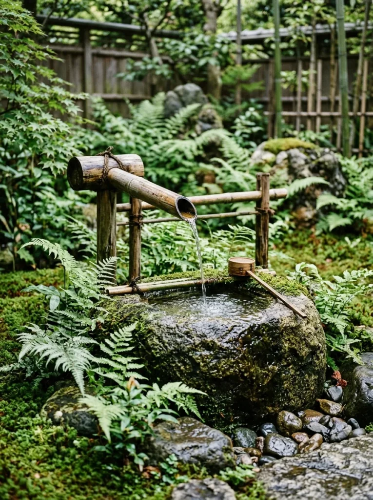 Japanese bamboo spout DIY garden fountain in a zen garden
