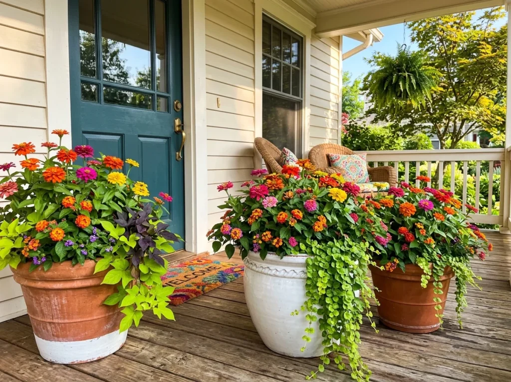 full sun planter ideas for front porch with colorful flowers.